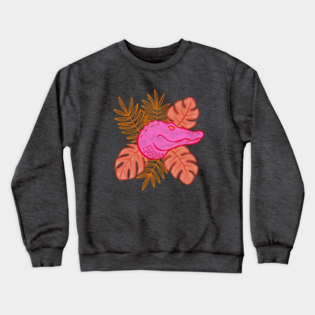 Tropical Botanical Hot Pink Alligator Crewneck Sweatshirt by Carabara Designs